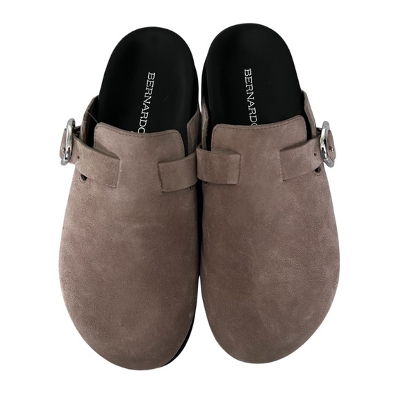 Bernardo Taupe Suede Clogs with Silver Buckle - Picture 1 of 4